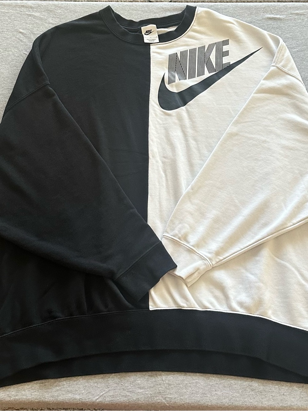 Nike Men’s Black & White Split Crewneck Sweatshirt with Large Swoosh